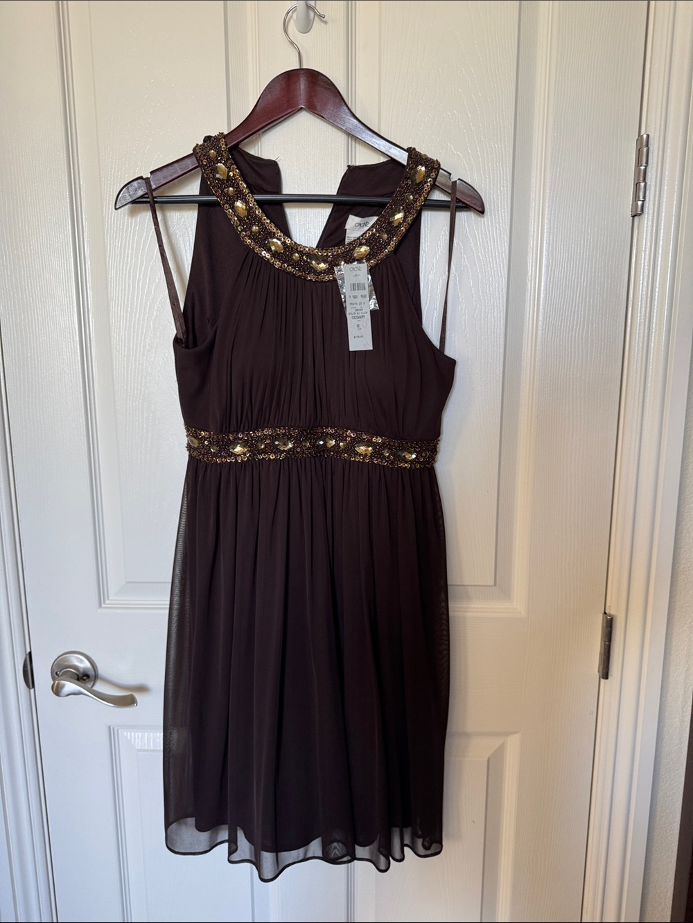Vintage Cache NWT size 10 Embellished Dark Brown Cocktail Dress with Gold Accent